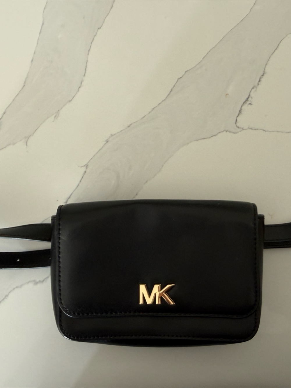 Michael Kors Black Leather Crossbody Belt Bag with Gold MK Accent